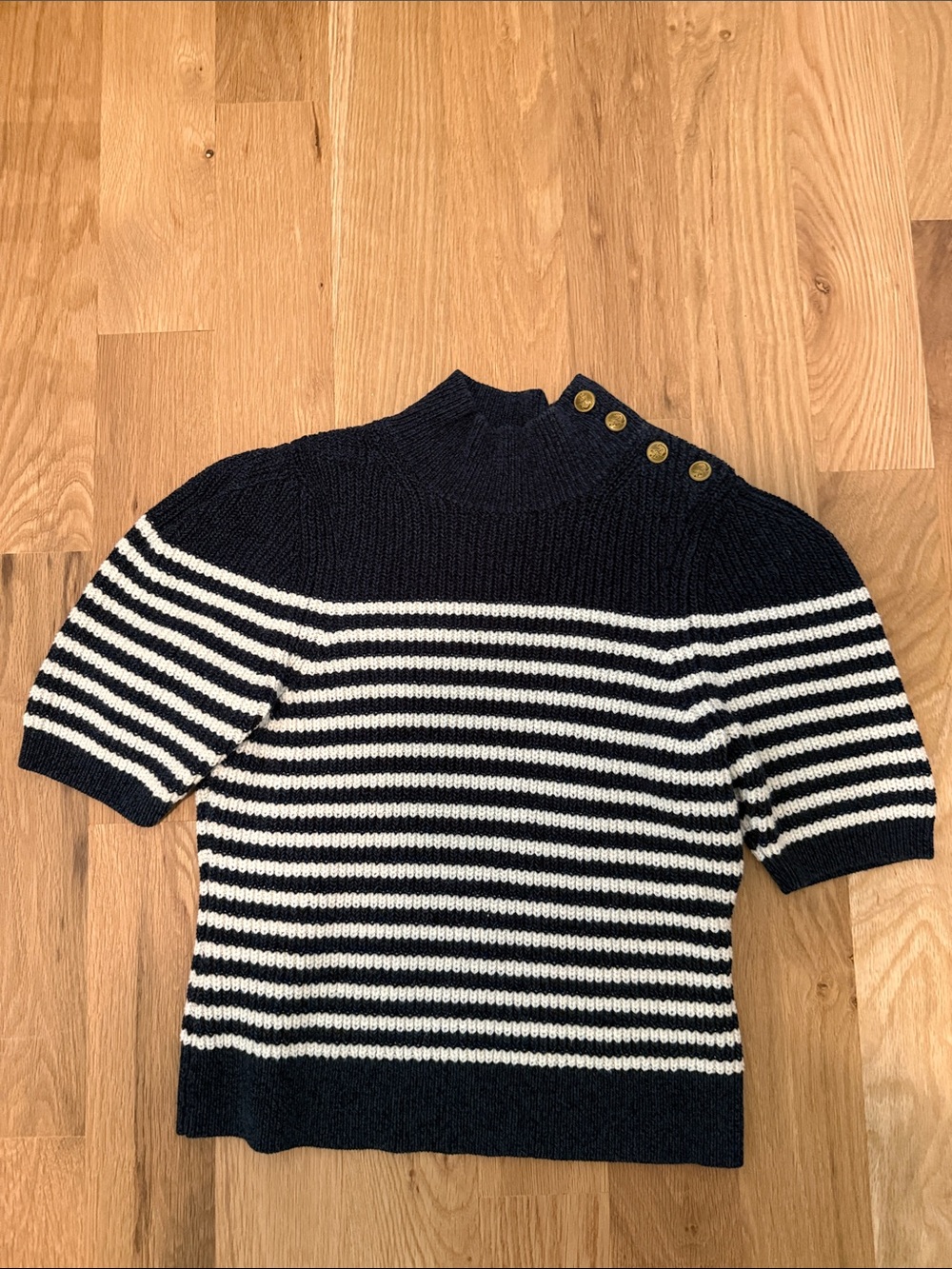 Anthropologie Maeve Navy Knit Top with Gold Anchor Button